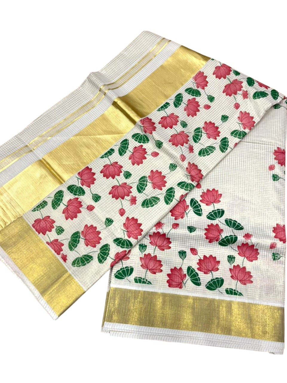 Southloom Kerala Cotton Microcheck Saree with Digital Print Lotus Design SL342
