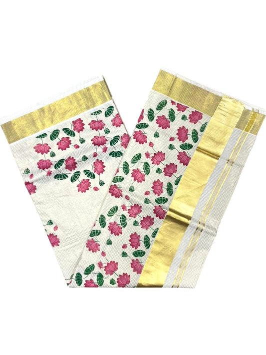 Southloom Kerala Cotton Microcheck Saree with Digital Print Lotus Design SL342