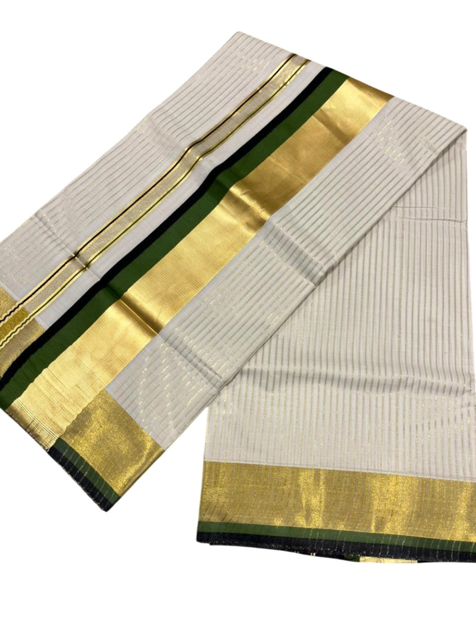 Southloom Kerala Cotton Kasavu Saree with Stripes on Body In Olive Green And Black Border