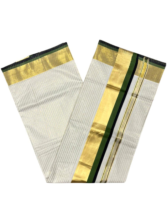 Southloom Kerala Cotton Kasavu Saree with Stripes on Body In Olive Green And Black Border