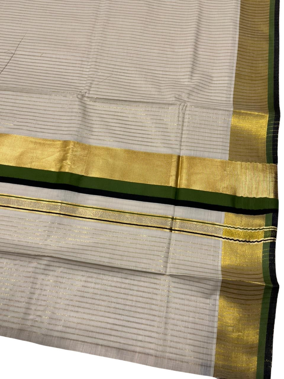 Southloom Kerala Cotton Kasavu Saree with Stripes on Body In Olive Green And Black Border