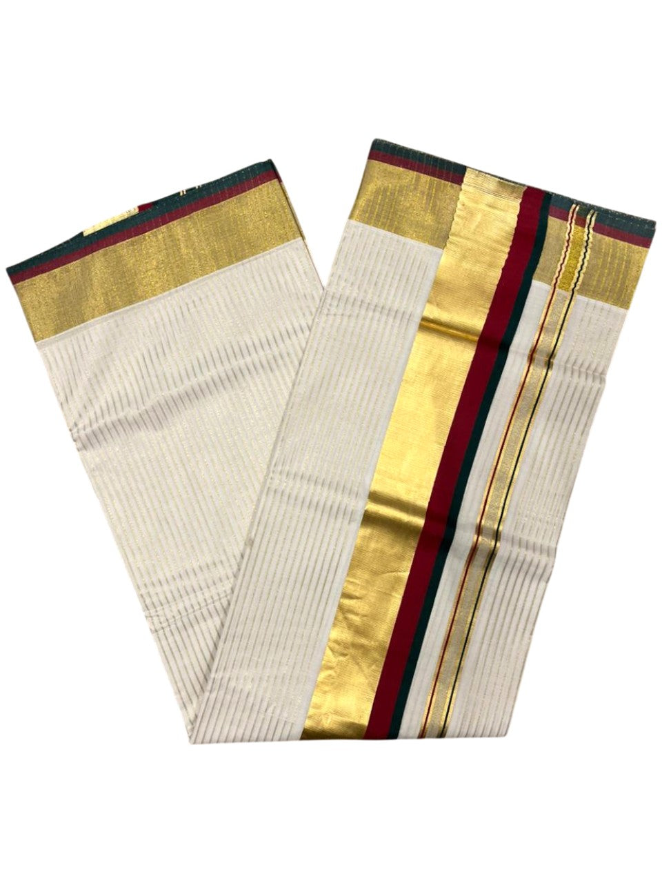 Southloom Kerala Cotton Kasavu Saree with Stripes on Body In Maroon And Green Border