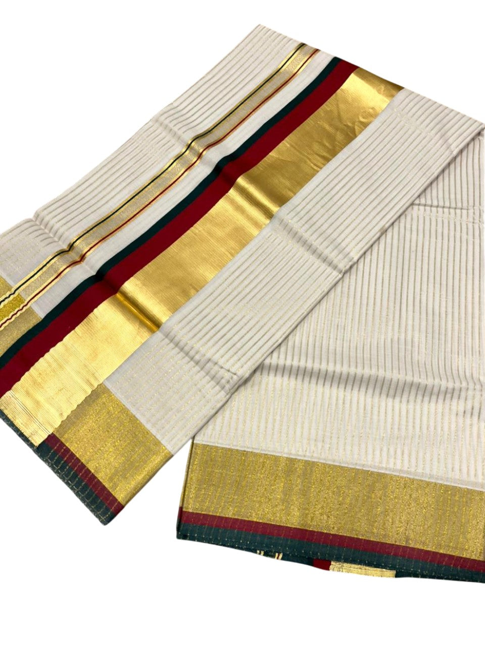 Southloom Kerala Cotton Kasavu Saree with Stripes on Body In Maroon And Green Border