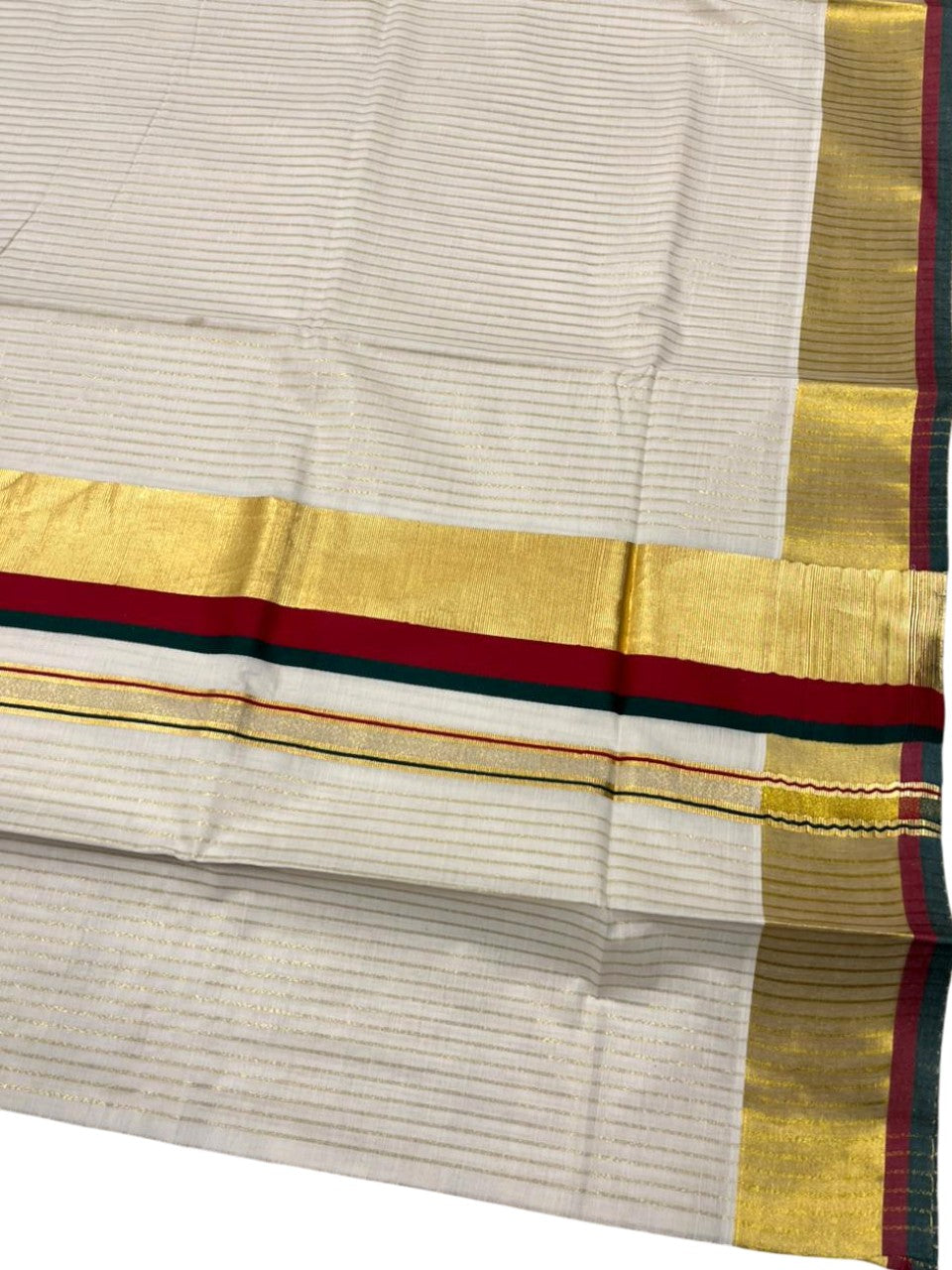 Southloom Kerala Cotton Kasavu Saree with Stripes on Body In Maroon And Green Border