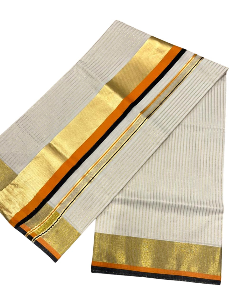 Southloom Kerala Cotton Kasavu Saree with Stripes on Body In Orange And Black Border
