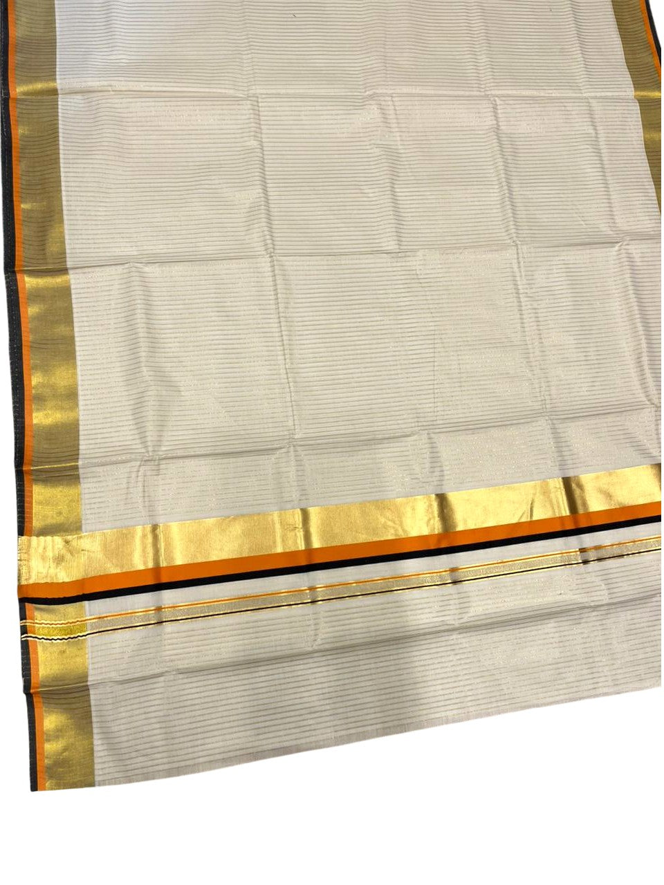 Southloom Kerala Cotton Kasavu Saree with Stripes on Body In Orange And Black Border