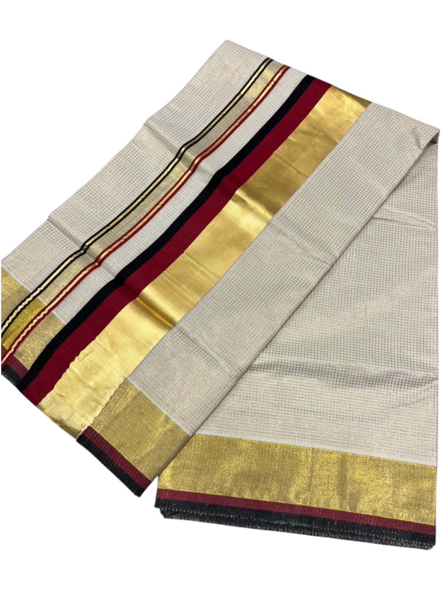 Southloom Kerala Cotton Kasavu Saree with Micro Check on Body In Red And Black Border SL347
