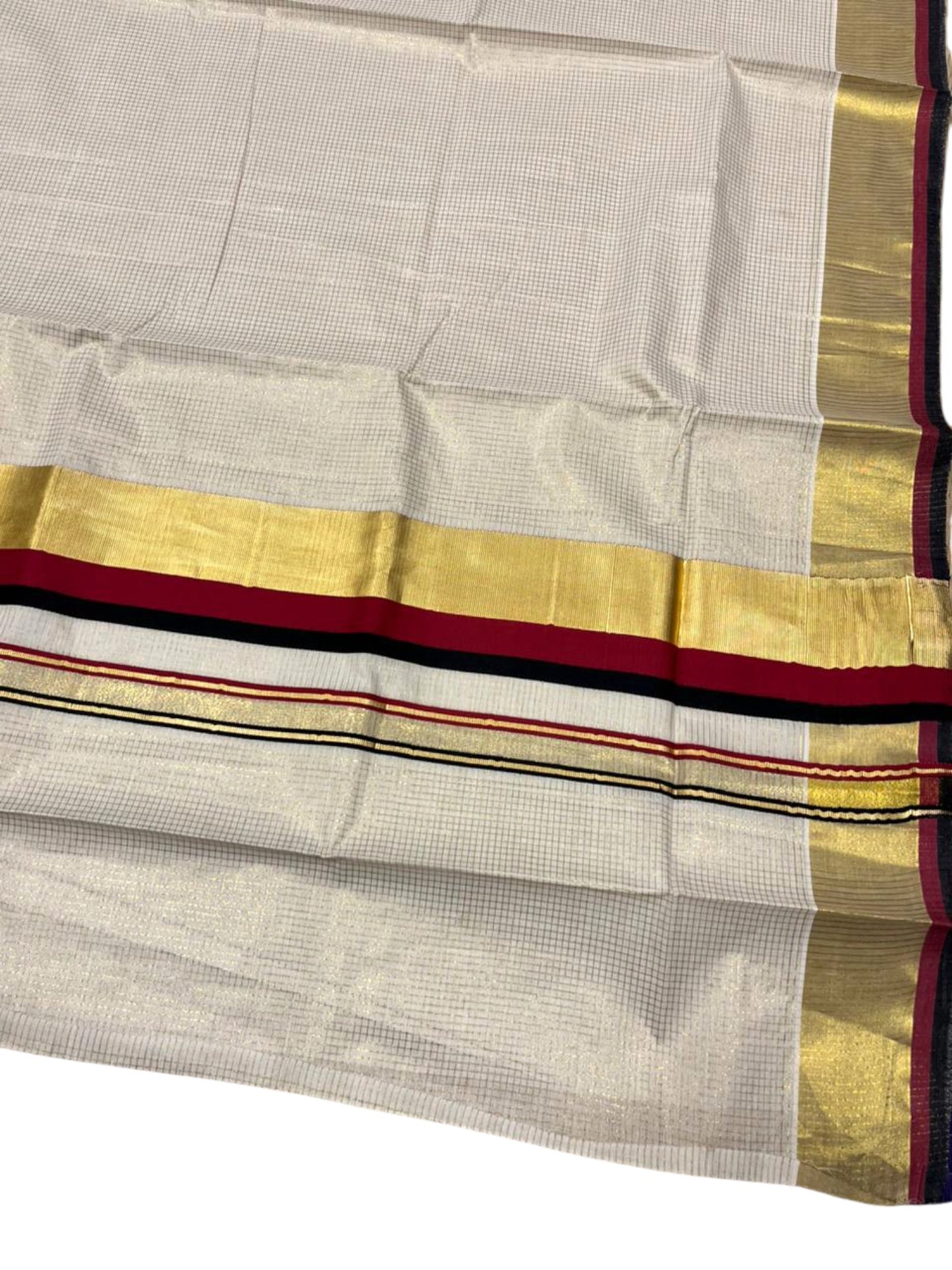 Southloom Kerala Cotton Kasavu Saree with Micro Check on Body In Red And Black Border SL347