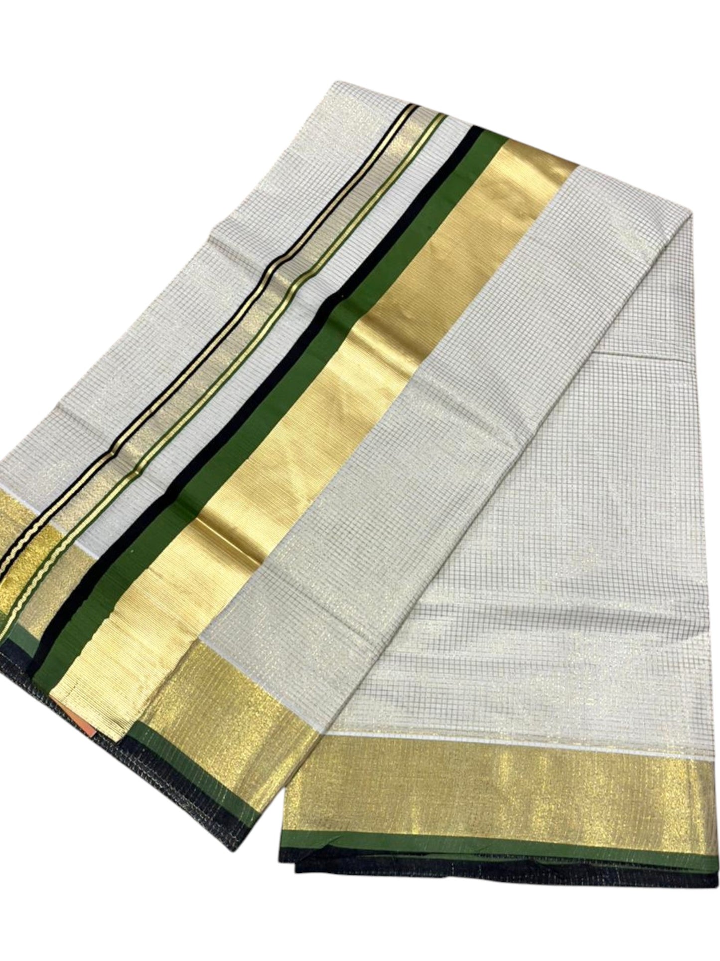 Southloom Kerala Cotton Kasavu Saree with Micro Check on Body In Green And Black Border SL347