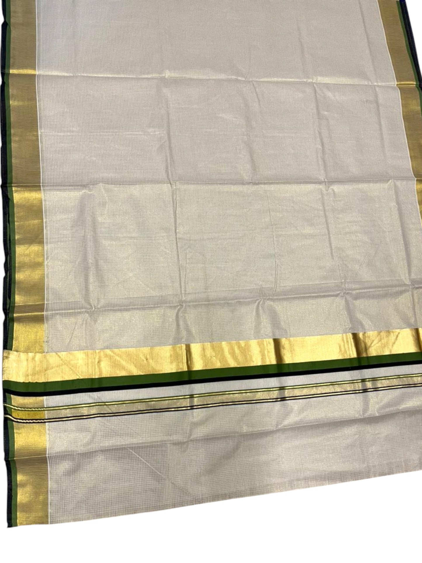 Southloom Kerala Cotton Kasavu Saree with Micro Check on Body In Green And Black Border SL347