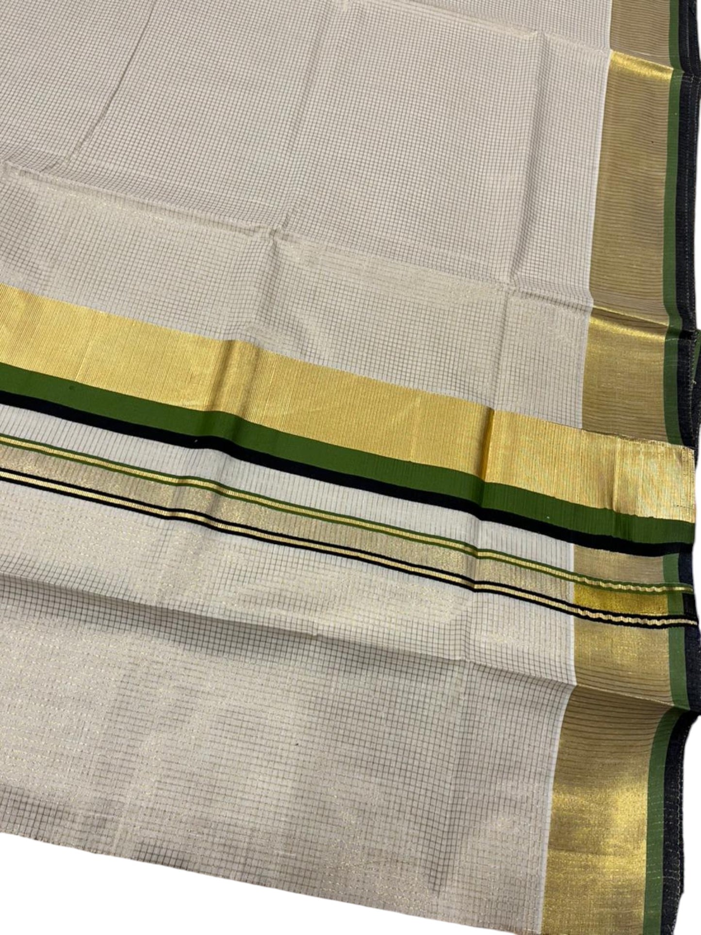 Southloom Kerala Cotton Kasavu Saree with Micro Check on Body In Green And Black Border SL347
