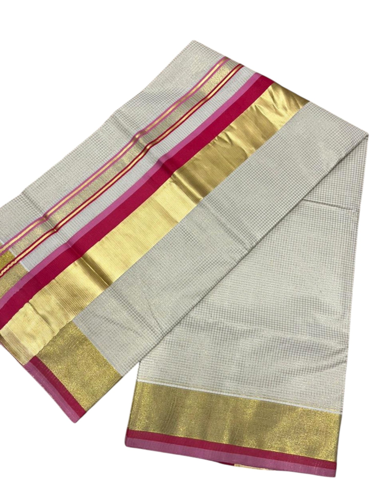 Southloom Kerala Cotton Kasavu Saree with Micro Check on Body In Pink And Magenta Border SL347