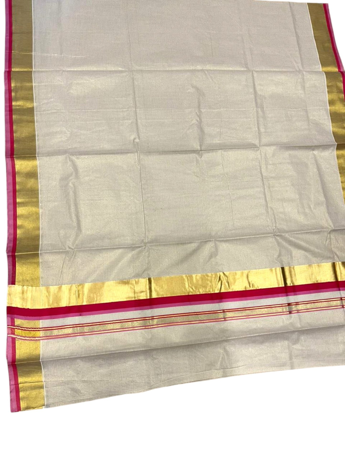 Southloom Kerala Cotton Kasavu Saree with Micro Check on Body In Pink And Magenta Border SL347