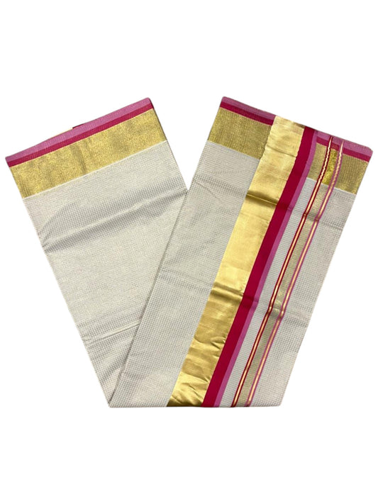 Southloom Kerala Cotton Kasavu Saree with Micro Check on Body In Pink And Magenta Border SL347