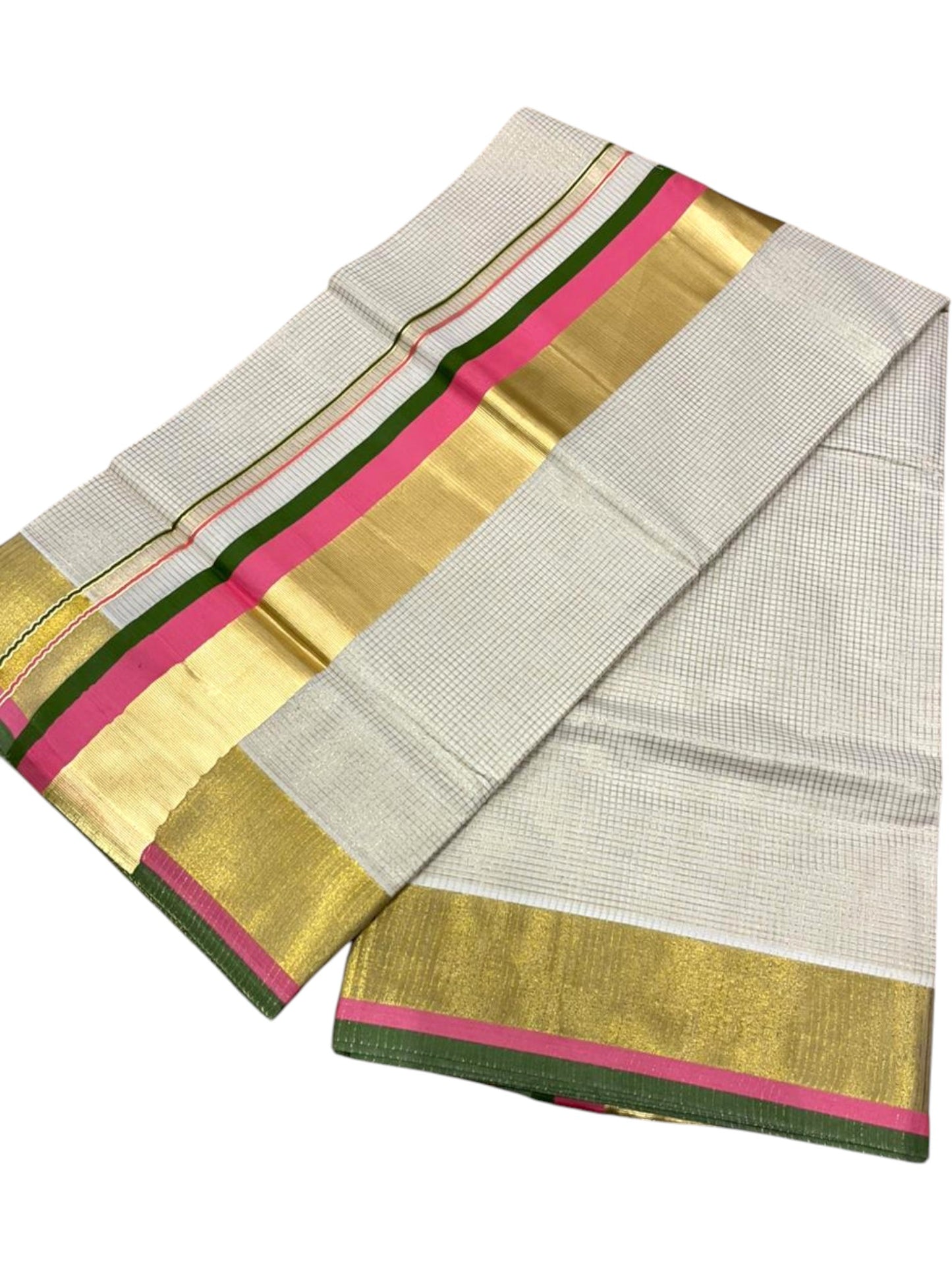 Southloom Kerala Cotton Kasavu Saree with Micro Check on Body In Pink And Olive Green Border SL347