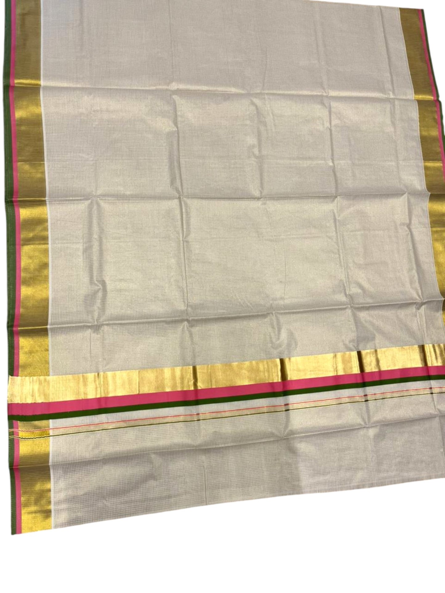 Southloom Kerala Cotton Kasavu Saree with Micro Check on Body In Pink And Olive Green Border SL347