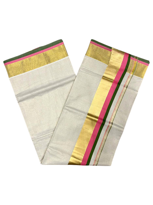 Southloom Kerala Cotton Kasavu Saree with Micro Check on Body In Pink And Olive Green Border SL347