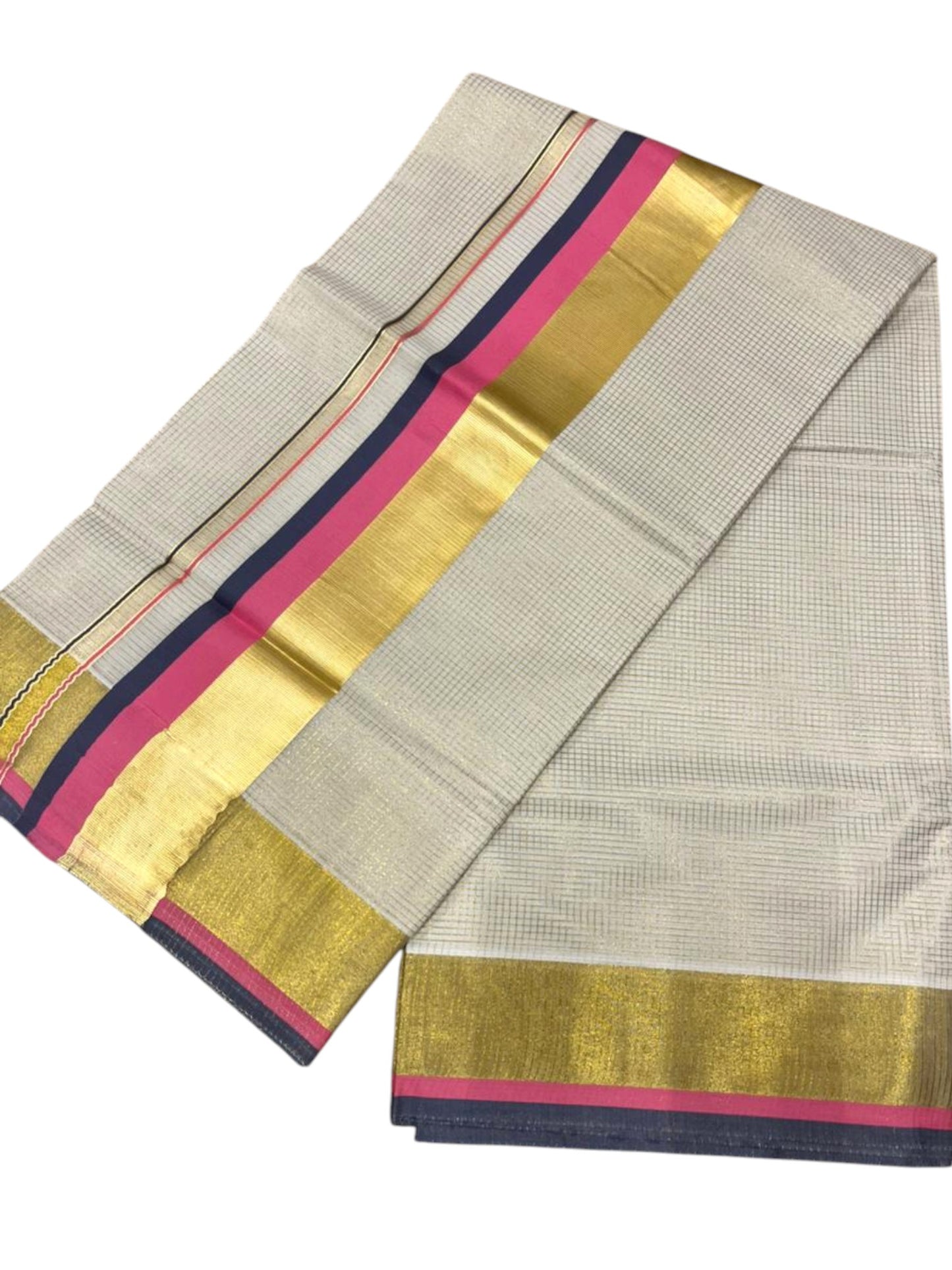 Southloom Kerala Cotton Kasavu Saree with Micro Check on Body In Pink And Grey Border SL347