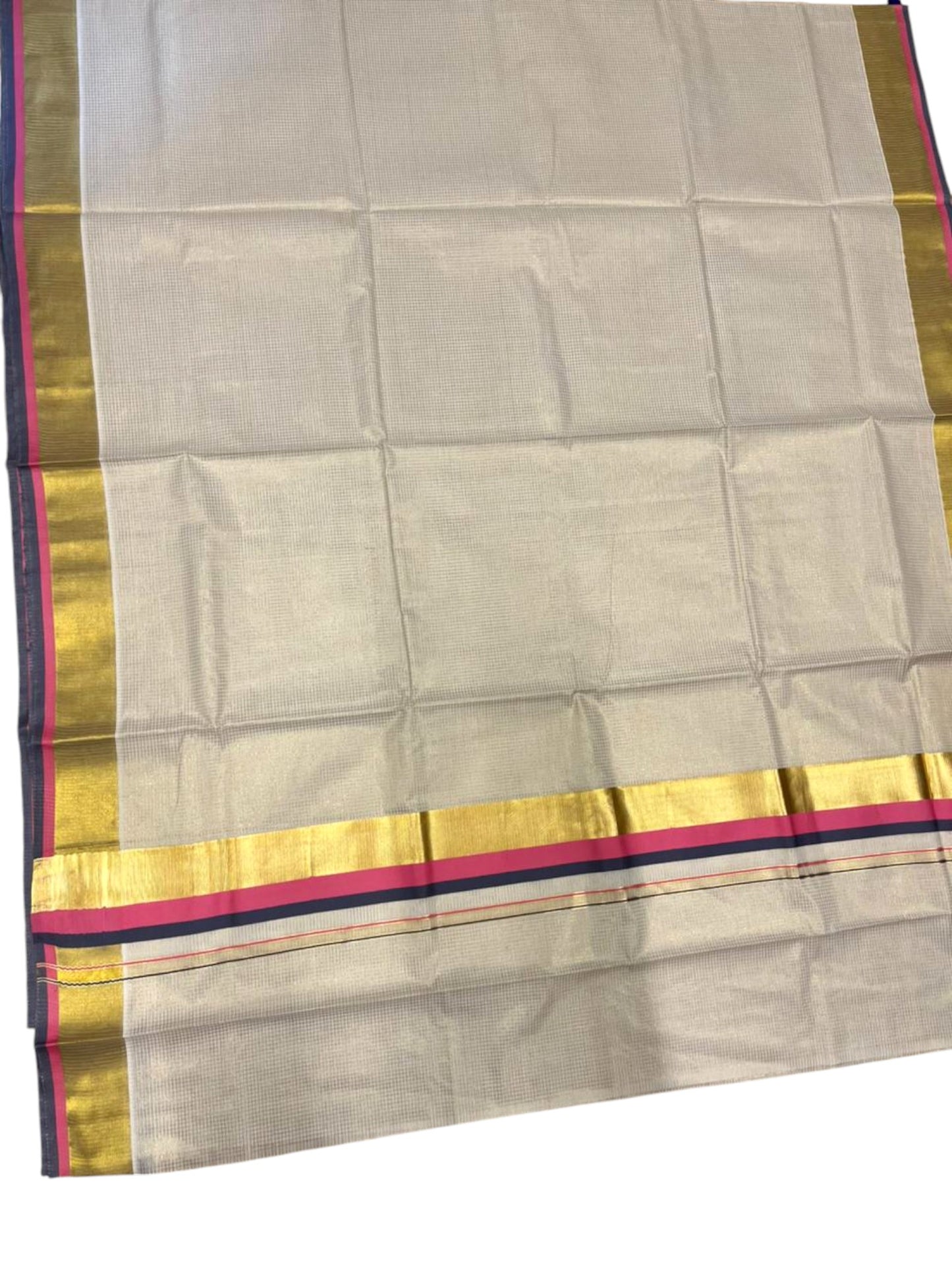 Southloom Kerala Cotton Kasavu Saree with Micro Check on Body In Pink And Grey Border SL347