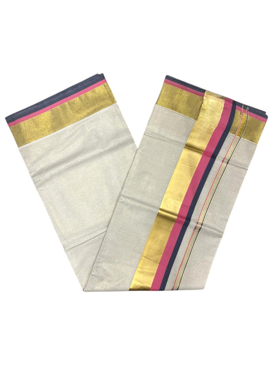Southloom Kerala Cotton Kasavu Saree with Micro Check on Body In Pink And Grey Border SL347