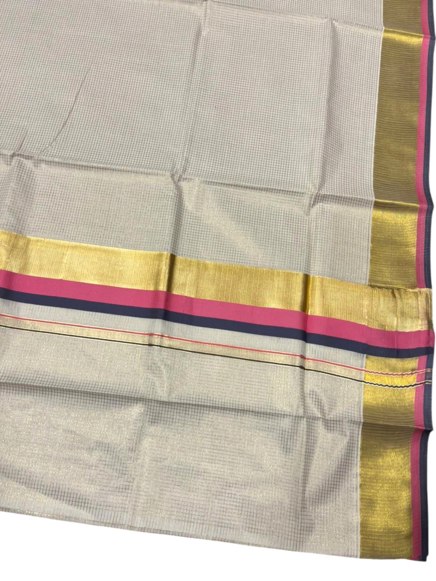 Southloom Kerala Cotton Kasavu Saree with Micro Check on Body In Pink And Grey Border SL347