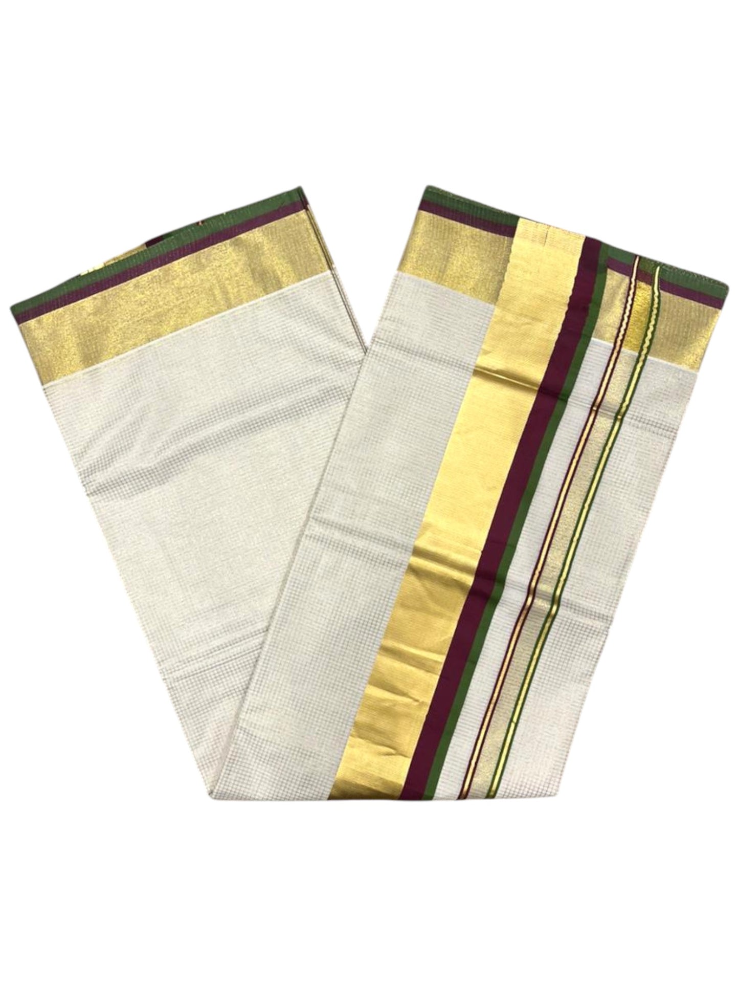 Southloom Kerala Cotton Kasavu Saree with Micro Check on Body In Purple And Olive Green Border SL347