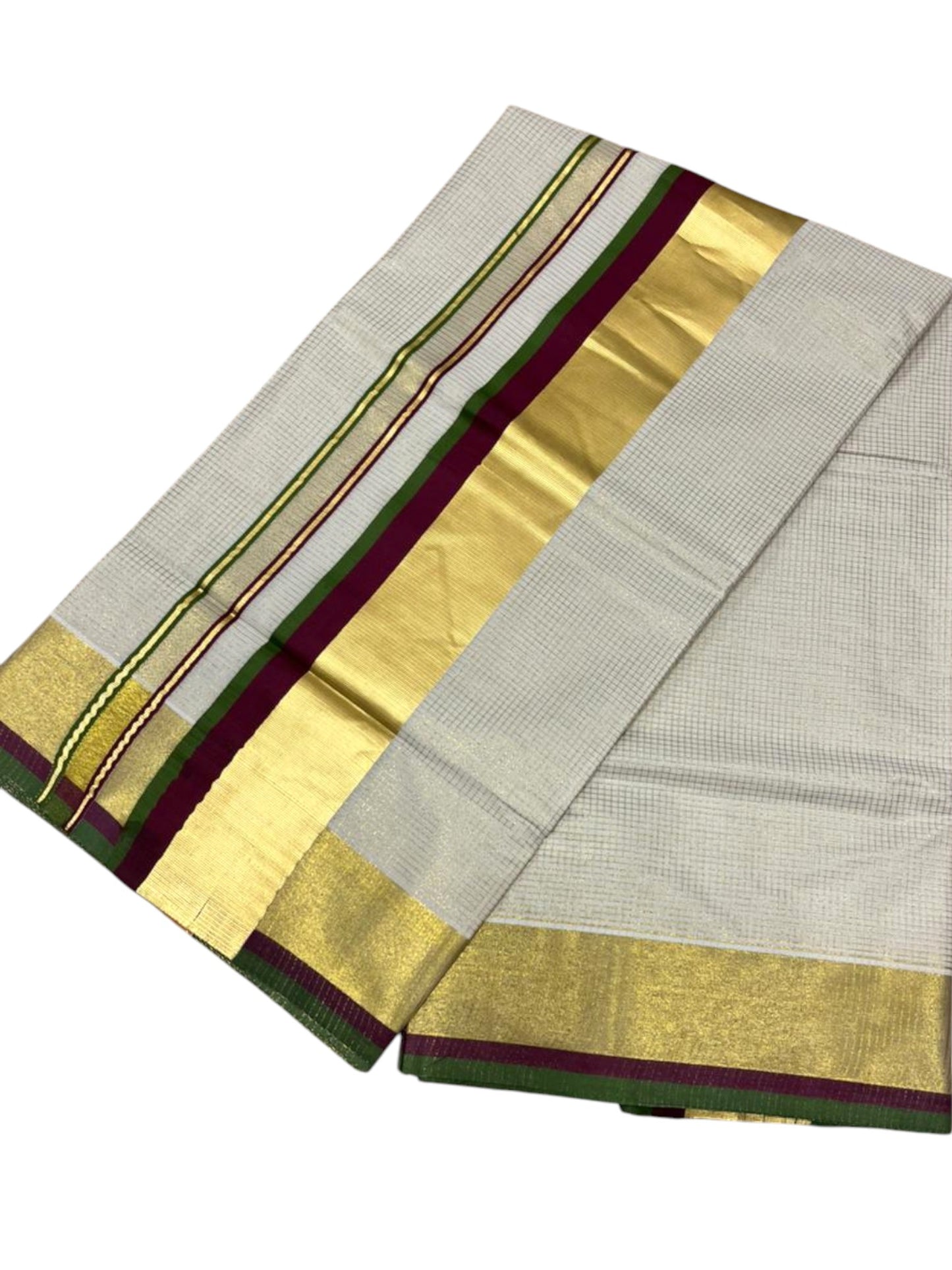 Southloom Kerala Cotton Kasavu Saree with Micro Check on Body In Purple And Olive Green Border SL347