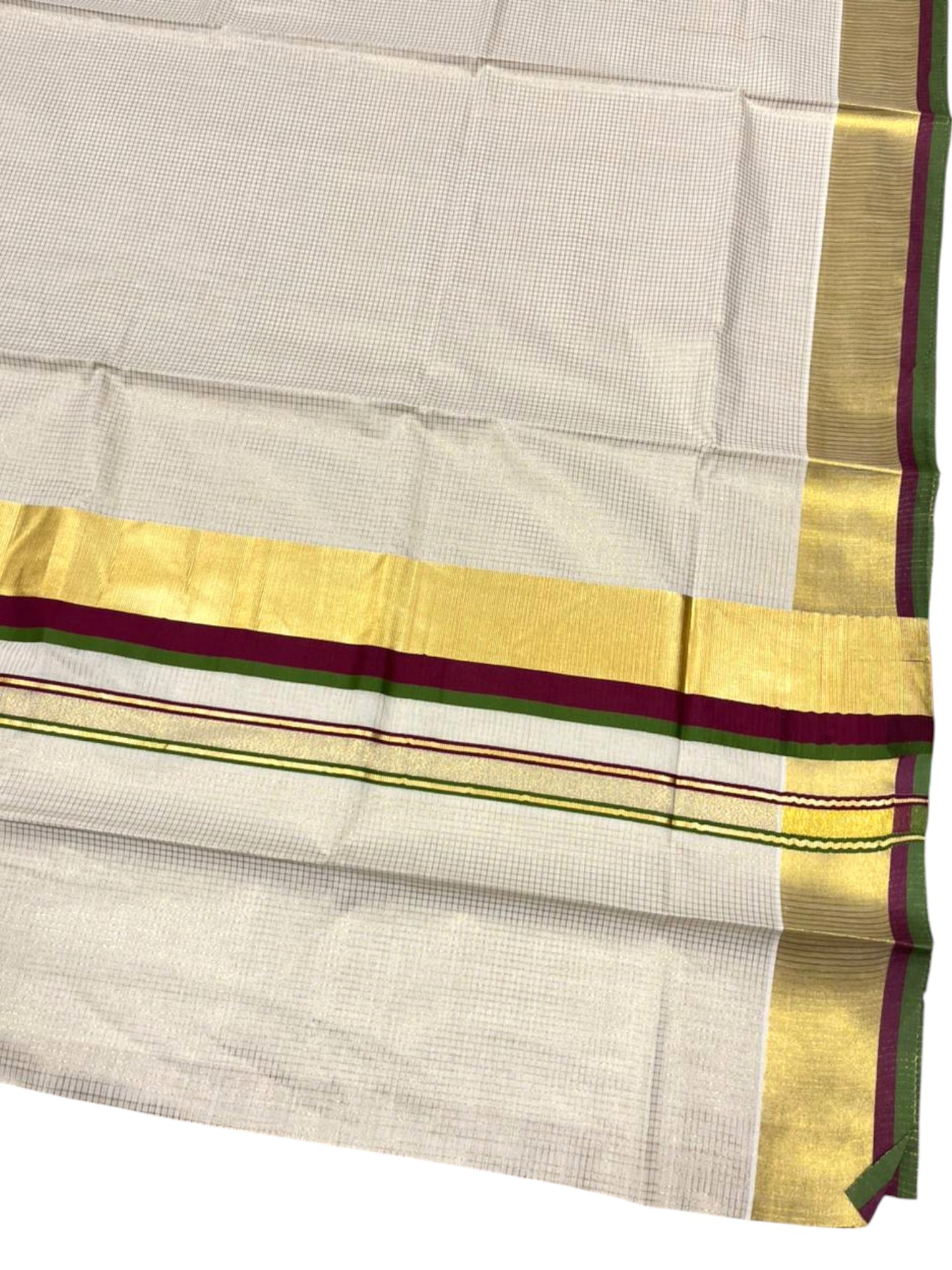 Southloom Kerala Cotton Kasavu Saree with Micro Check on Body In Purple And Olive Green Border SL347