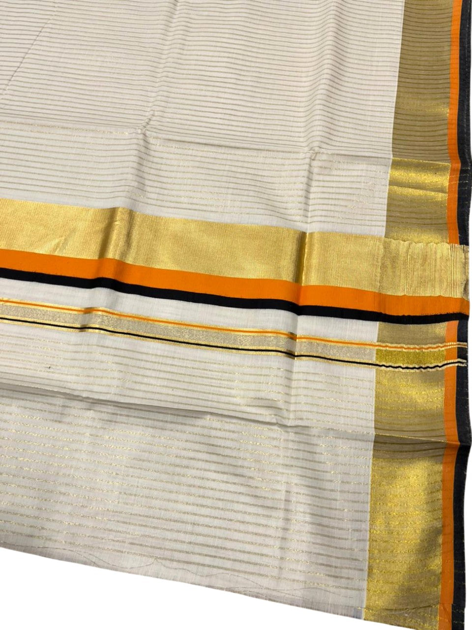 Southloom Kerala Cotton Kasavu Saree with Stripes on Body In Orange And Black Border