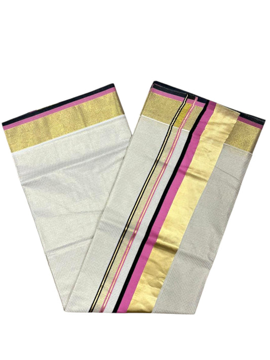 Southloom Kerala Cotton Kasavu Saree with Micro Check on Body In PInk And Black Border SL347