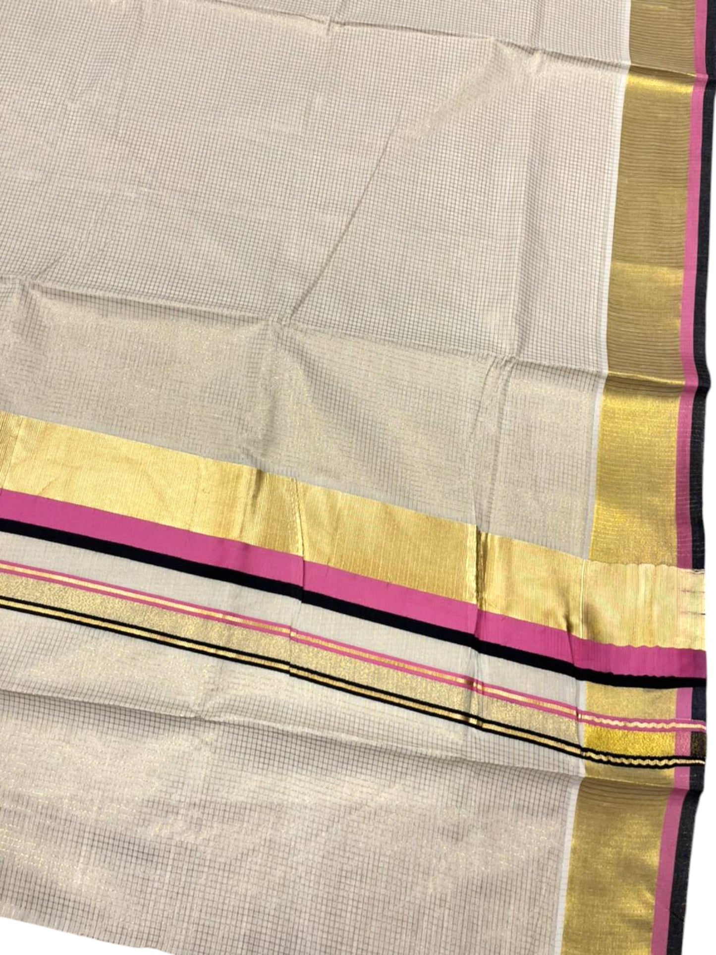 Southloom Kerala Cotton Kasavu Saree with Micro Check on Body In Pink And Black Border SL347