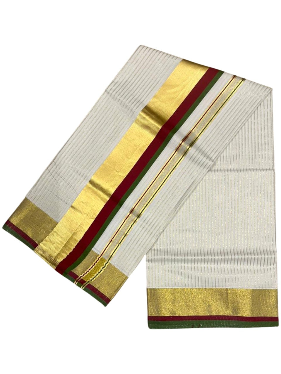 Southloom Kerala Cotton Kasavu Saree with Stripes on Body In Maroon And Olive Green Border
