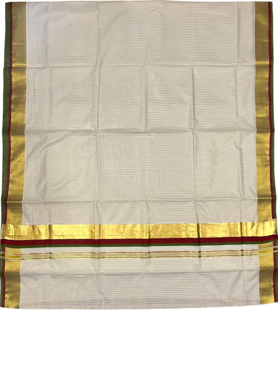 Southloom Kerala Cotton Kasavu Saree with Stripes on Body In Maroon And Olive Green Border