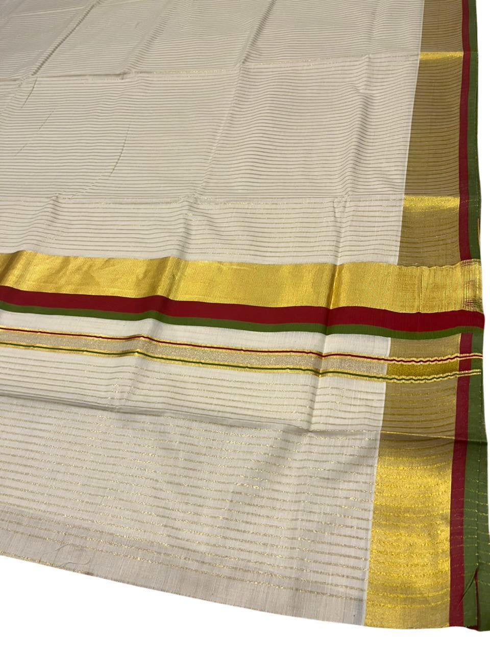 Southloom Kerala Cotton Kasavu Saree with Stripes on Body In Maroon And Olive Green Border