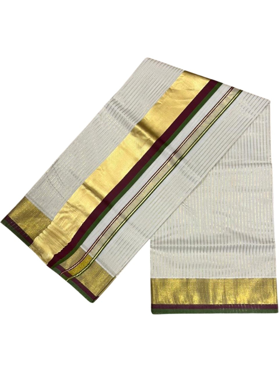 Southloom Kerala Cotton Kasavu Saree with Stripes on Body In Purple And Olive Green Border