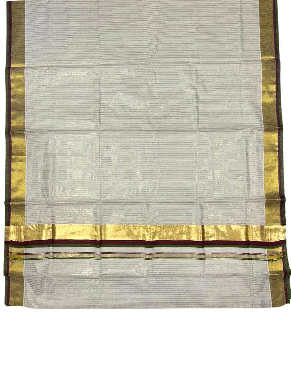 Southloom Kerala Cotton Kasavu Saree with Stripes on Body In Purple And Olive Green Border