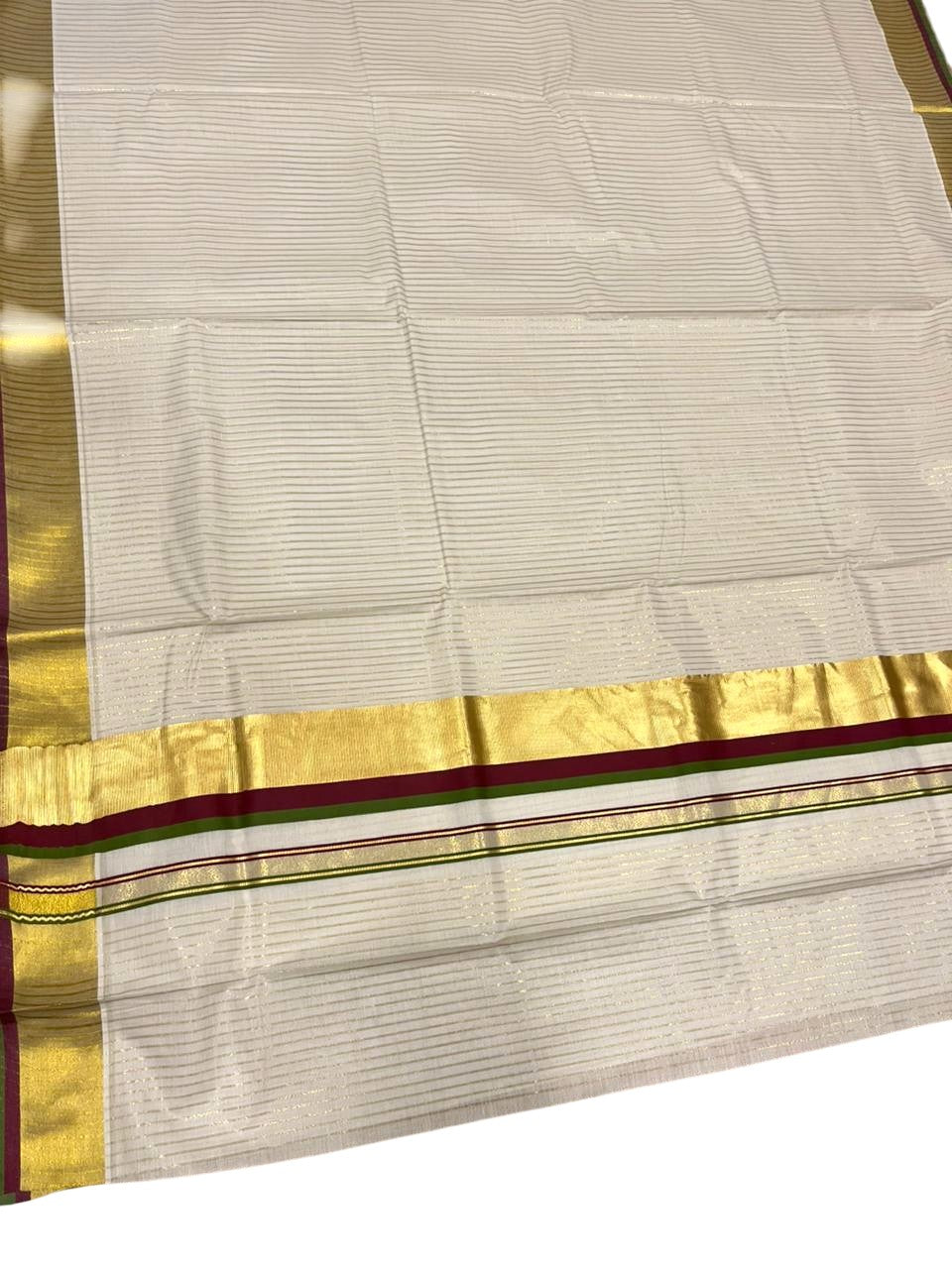 Southloom Kerala Cotton Kasavu Saree with Stripes on Body In Purple And Olive Green Border