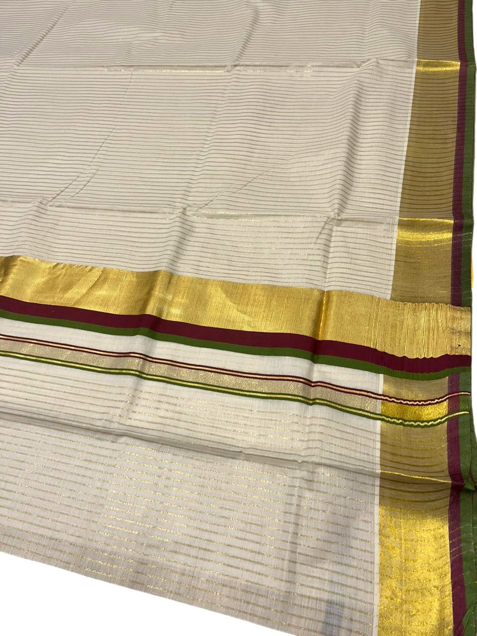 Southloom Kerala Cotton Kasavu Saree with Stripes on Body In Purple And Olive Green Border