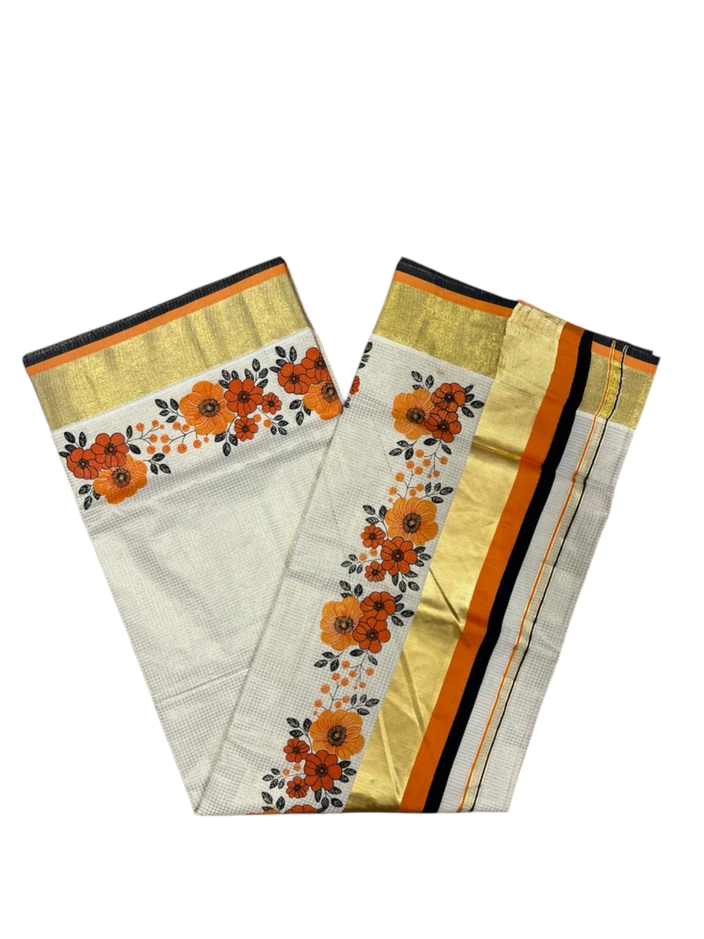 Southloom Kerala Cotton Kasavu Saree with Micro Check And Floral Design on Body In Orange And Black Border SL357