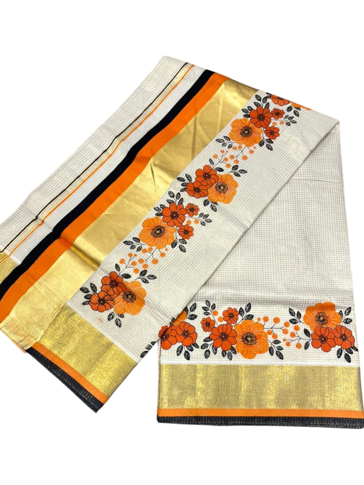 Southloom Kerala Cotton Kasavu Saree with Micro Check And Floral Design on Body In Orange And Black Border SL357