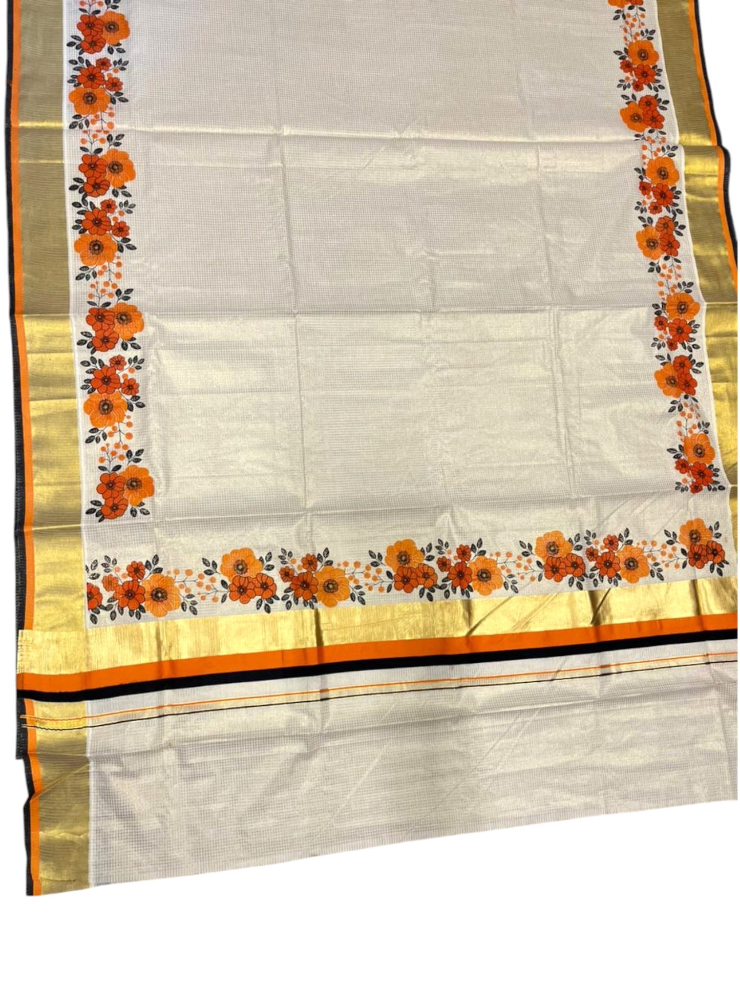Southloom Kerala Cotton Kasavu Saree with Micro Check And Floral Design on Body In Orange And Black Border SL357