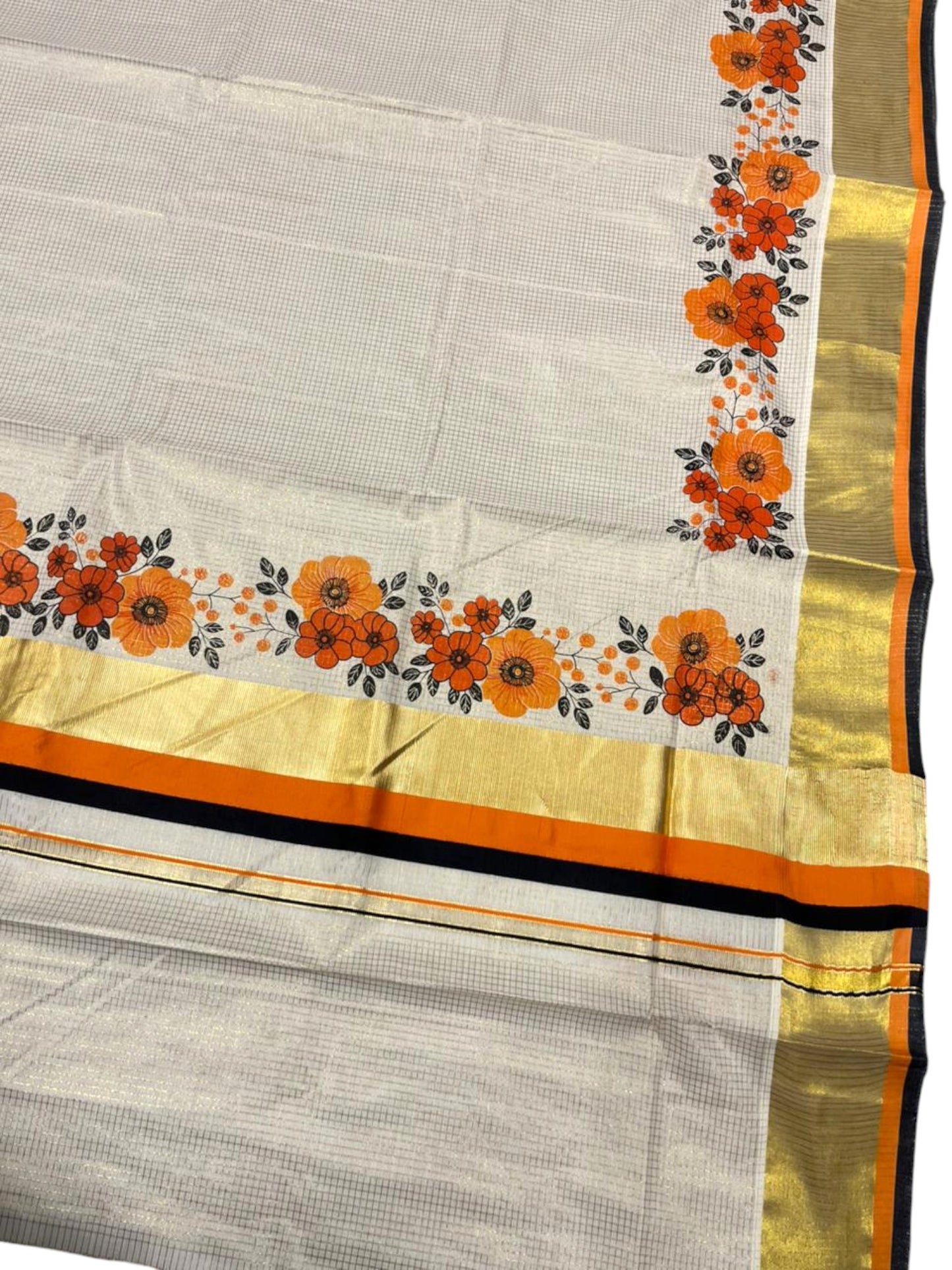 Southloom Kerala Cotton Kasavu Saree with Micro Check And Floral Design on Body In Orange And Black Border SL357
