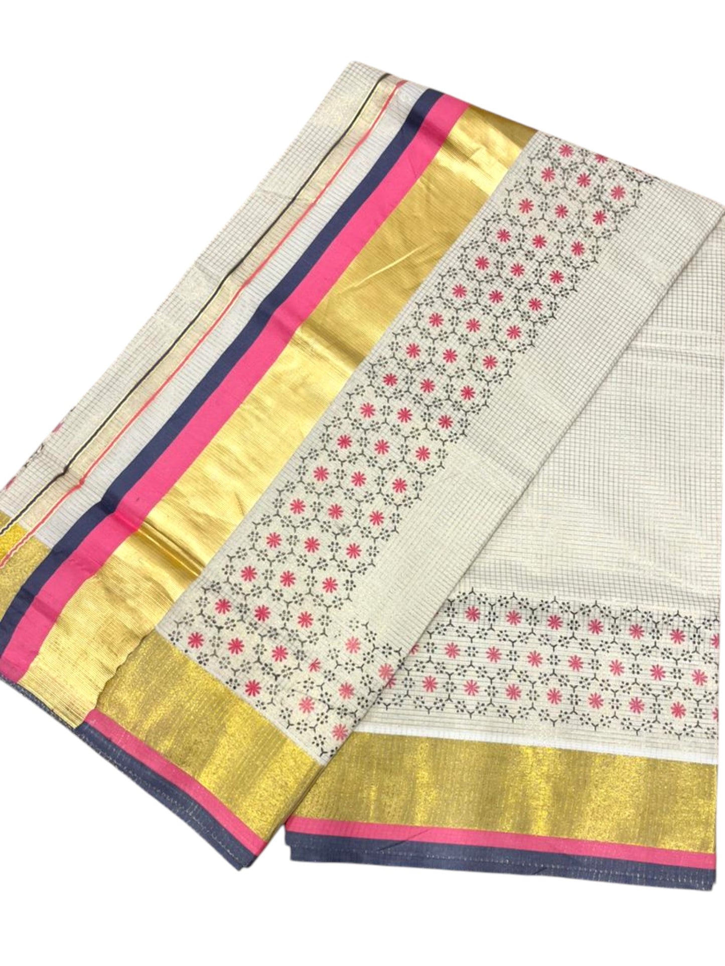 Southloom Kerala Cotton Kasavu Saree with Micro Check And Floral Design on Body In Pink And Grey Border SL357