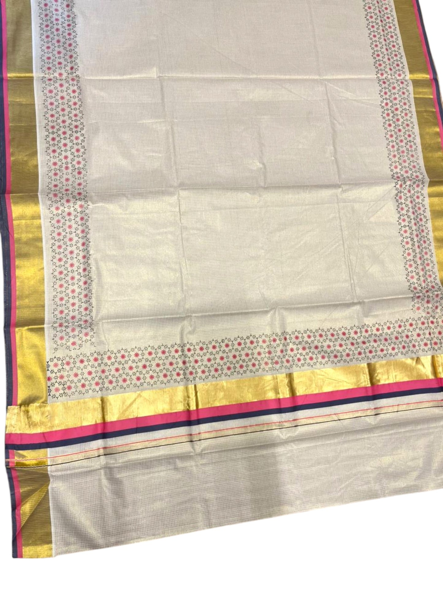 Southloom Kerala Cotton Kasavu Saree with Micro Check And Floral Design on Body In Pink And Grey Border SL357