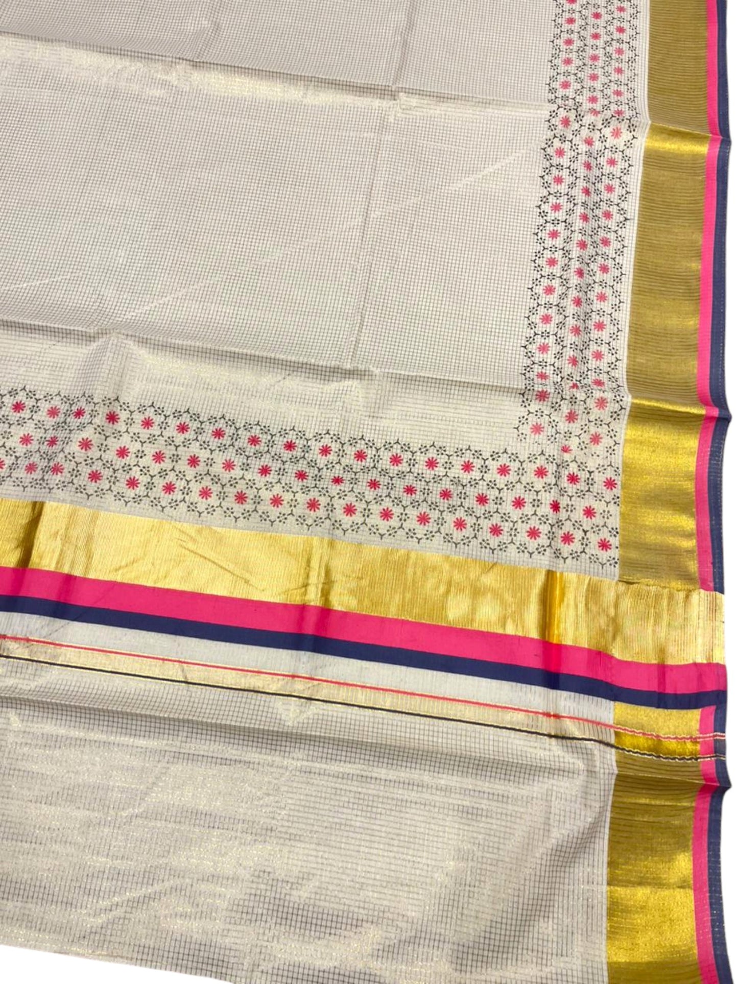 Southloom Kerala Cotton Kasavu Saree with Micro Check And Floral Design on Body In Pink And Grey Border SL357