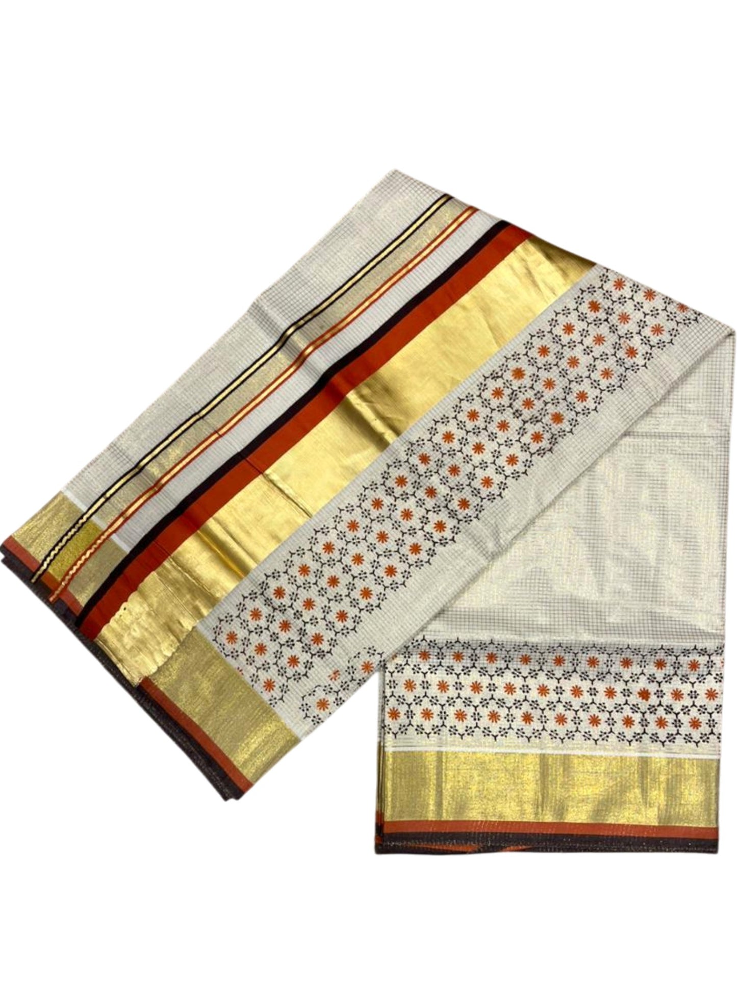 Southloom Kerala Cotton Kasavu Saree with Micro Check And Floral Design on Body In Orange And Black Border SL357