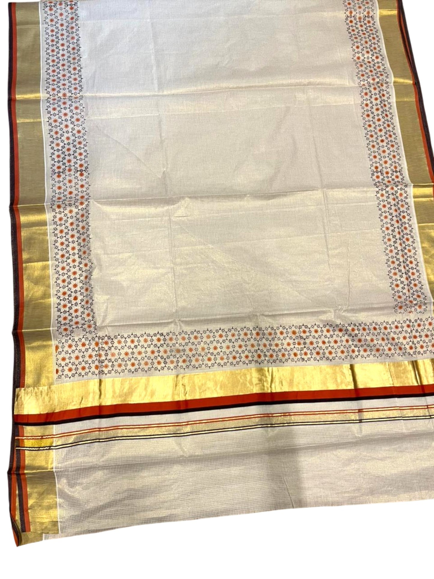 Southloom Kerala Cotton Kasavu Saree with Micro Check And Floral Design on Body In Orange And Black Border SL357