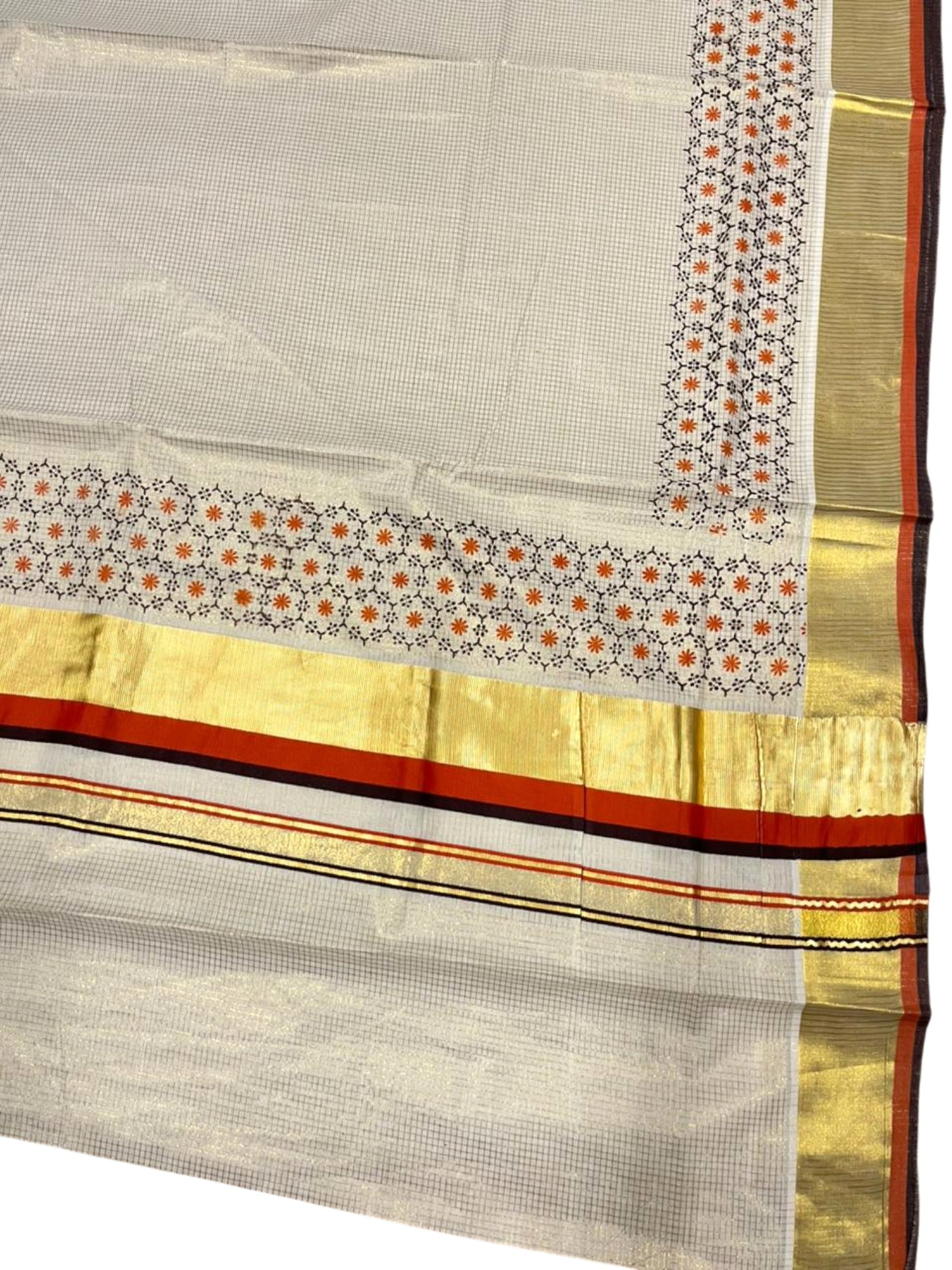 Southloom Kerala Cotton Kasavu Saree with Micro Check And Floral Design on Body In Orange And Black Border SL357