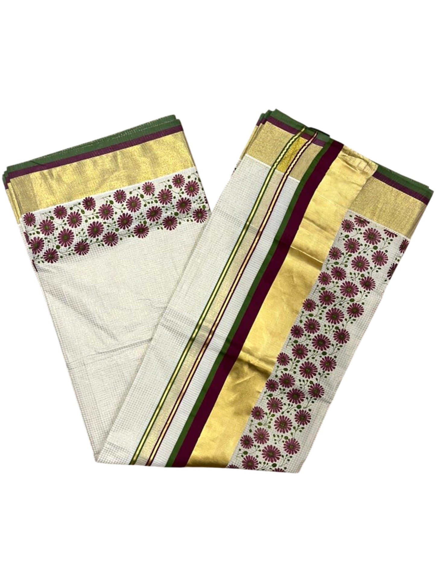 Southloom Kerala Cotton Kasavu Saree with Micro Check And Floral Design on Body In Purple And Olive Green Border SL357