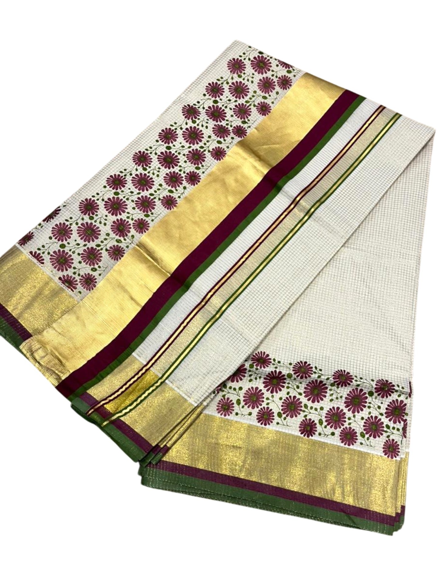 Southloom Kerala Cotton Kasavu Saree with Micro Check And Floral Design on Body In Purple And Olive Green Border SL357